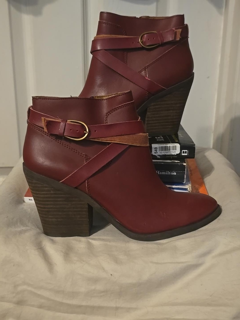 Lucky Brand Burgundy Strappy Ankle Boots Block Heel Moto Western